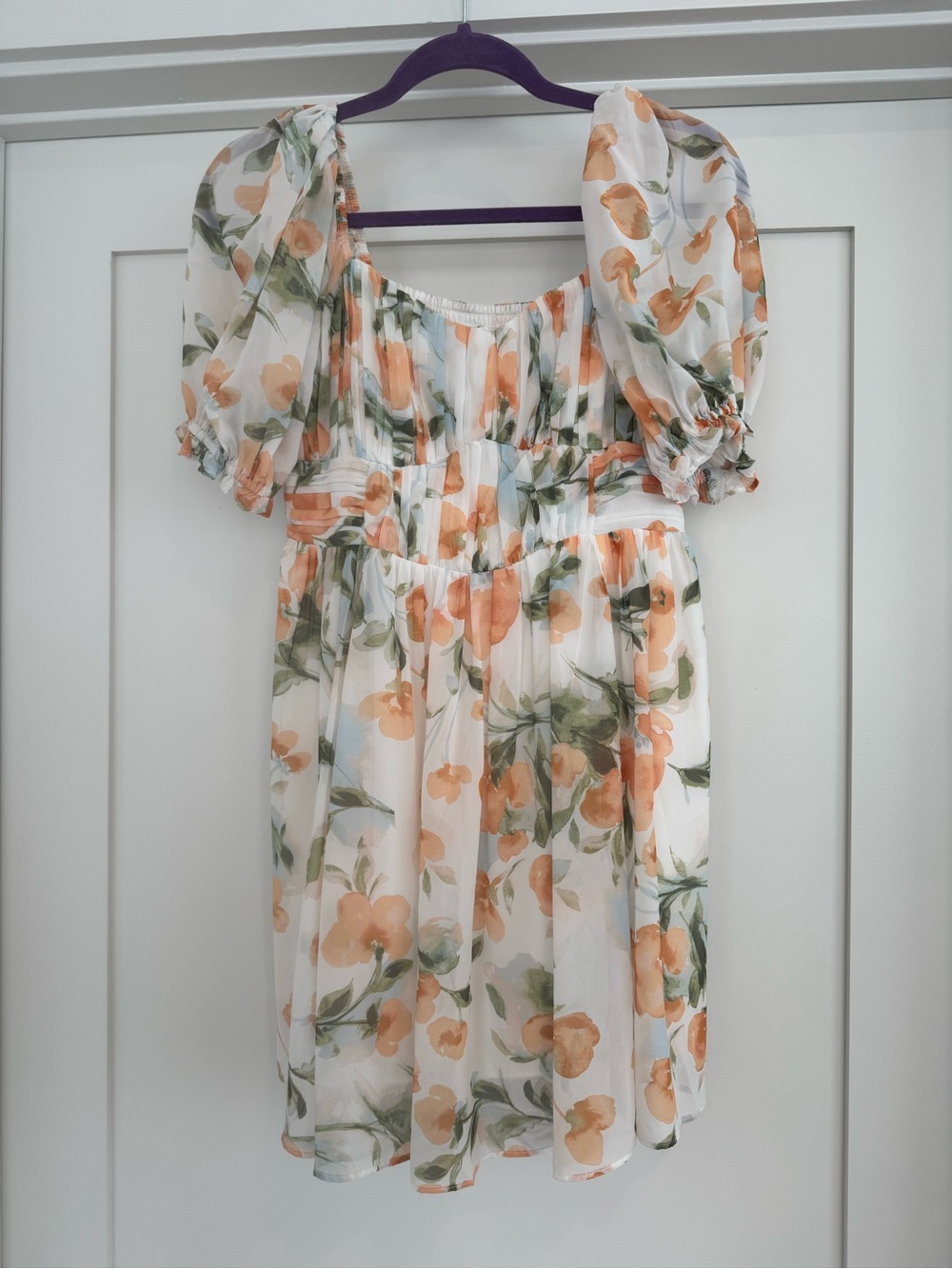 Abercrombie and Fitch Floral Puff Sleeve Mini Dress in White and Peach